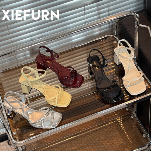 鞋夫人2025新款百搭粗跟细带高跟鞋夏季设计感小众一字带凉鞋 红色 7cm 40