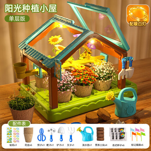智宙阳光种植房儿童植物园农场种菜养花生物过家家玩具科学小实验套装 阳光种植小屋+灯光组【单层】