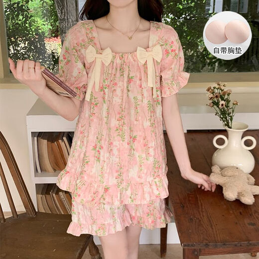 Bei Yifu Pajamas с грудной подушкой для женщин для летних шорт, облачный хлопковый интернет-знаменитость тонкая милая сладкая мультипликационная одежда набор домашней одежды ZZ9902-2# Little Red Flower m