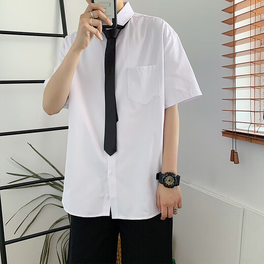 【宽松韩版】夏季领带短袖白衬衫男泰国学院风衬衣百搭上衣服学生 WB-C18【白色】 L