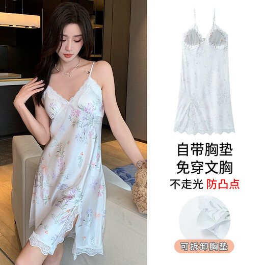
Langsha pajamas for women in summer new ice and snow silk suspender sexy beautiful back pure and sexy women with chest pad nightgown home clothes AM11965 M