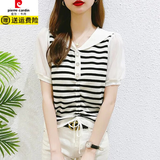 
Pier Cardin ice silk sweater for women 2025 summer new striped base shirt summer short-sleeved T-shirt drawstring yarn sleeve top thin DX826# black and white stripes S recommended 80-99Jin [Jin equals 0.5 kg]