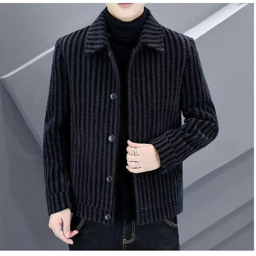 FELALWEN autumn and winter new men's coat high-end versatile plus velvet thick striped wool coat lapel casual jacket warm dark gray XL 125-140Jin Jin equals 0.5 kg
