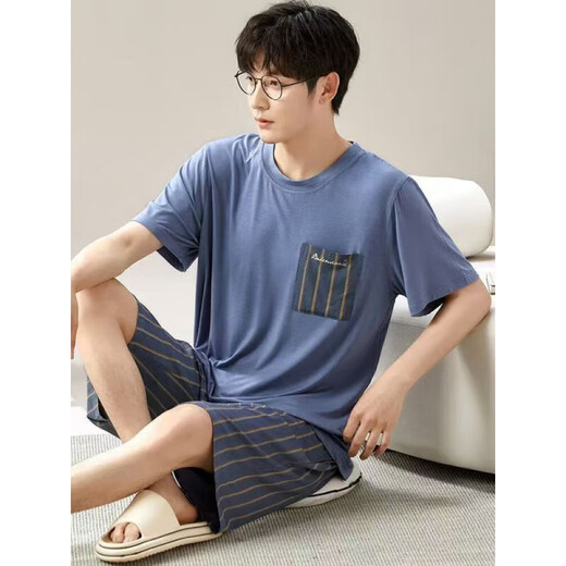 Liumanli Modal kurzärmelige Shorts für Männer im Sommer lose plus großer Dünner Pyjamas Sommer-Hausanzug 6624 Herrenhauskleidung 4xl [Empfohlen 180-220jin [Jin ist gleich 0,5 kg]] und große Größe großer Größe