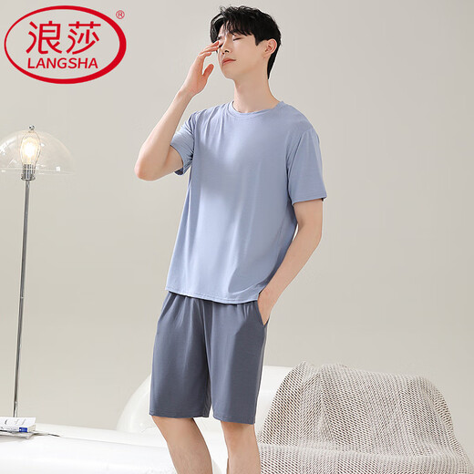浪莎（LangSha）男士睡衣夏季短袖莫代尔冰丝薄款加大码休闲简约夏天男家居服套装 WT6174 L 男款【100-125斤】