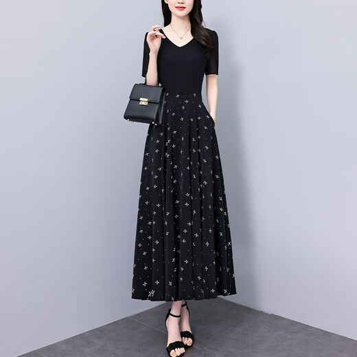 NO1 DARA短袖高档连衣裙2025夏季新款显瘦休闲收腰遮肚子洋气女士高档裙子 黑色【高品质6621】 XL 建议85-105斤