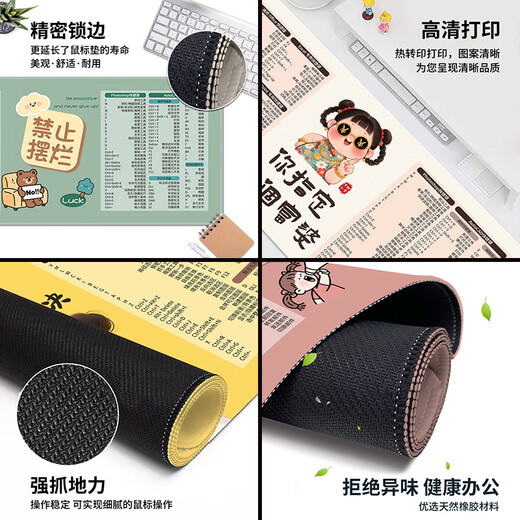 汝沁莲可爱卡通鼠标垫办公快捷键大全桌垫超大号笔记本电脑防滑垫男女生家用宿舍学习键盘垫文字护腕垫 16886禁止摆烂 长800mmX宽300mmX厚5mm