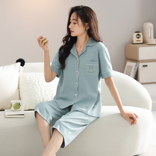 澳颜莱2025新款睡衣女夏季薄款棉短袖七分裤家居服女士夏天可外穿套装 9893# M 【建议80-斤】