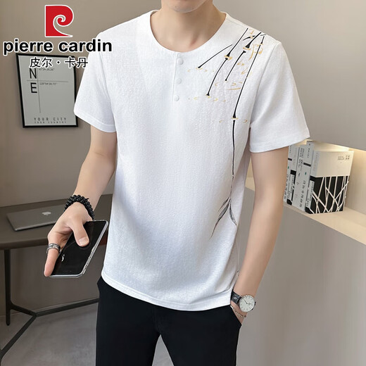 皮尔卡丹（pierre cardin）新中式国风v领短袖T恤男夏季亚麻2025新款透气竹子半袖男士体恤衫 9858卡其色 M (约90~105斤可穿)