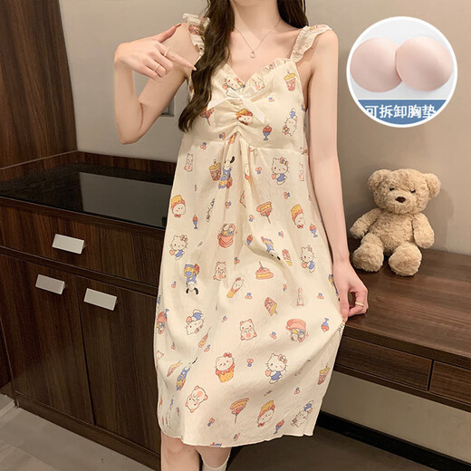Jingpufei HelloKitty Yunduo cotton pajamas women's suspender nightgown cute chest pad home clothes 9922# nightgown-with chest pad XL 170