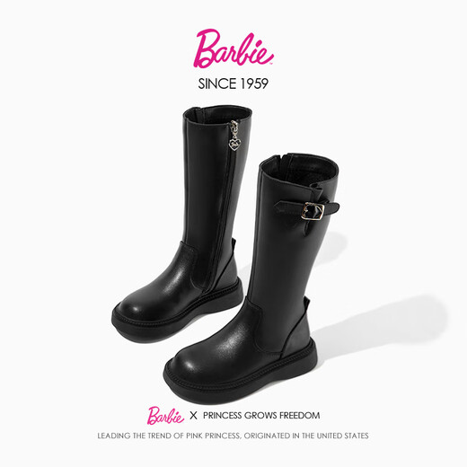 Barbie children's shoes girls boots spring and autumn high leather boots girls cotton boots children's boots DA6982 black 35