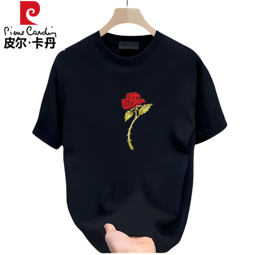 皮尔卡丹短袖T恤男情夏季新款侣装圆领印花体恤纯棉简约宽松百搭半袖上衣 黑色前大图K1049 单朵红玫瑰花男 2XL 建议160-180斤