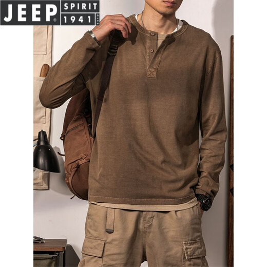 JEEP SPIRIT light luxury Jin Jin is equal to 0.5 kg. Large size men's American retro Henley shirt Henley collar long-sleeved T-shirt men's solid color bottoming shirt 100 tops. Coffee M. Recommended 100 Jin Jin is equal to 0.5 kg.