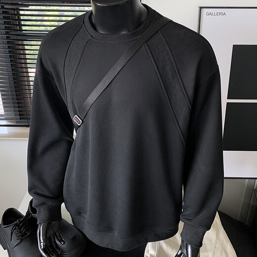 Homlean solid color simple sweatshirt men's autumn design loose and versatile casual long-sleeved t-shirt bottoming shirt HW27 black 3XL