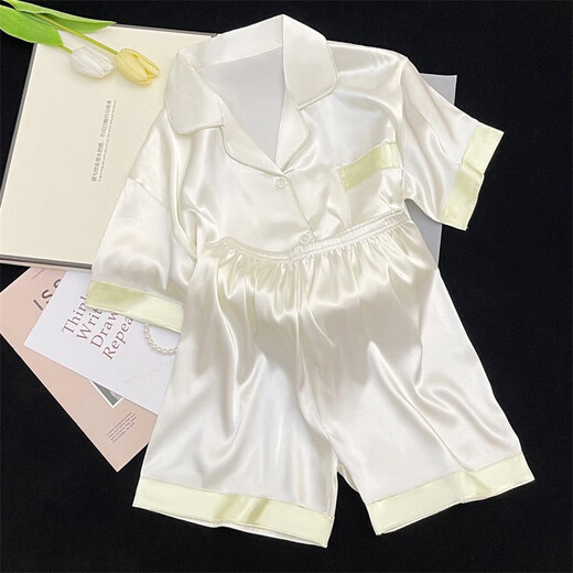 Ran Yilan's same style of Champagne Xiling Xiaoqing Ice Silk Pajamas for Women in Summer Short Sleeve Set Thin Girl Contrast Two-Piece Set #yx-9214 XL X131-145Jin[Jin equals 0.5 kg]