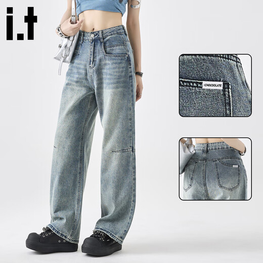 : BOCOOLATA IT FOOD Jeans de pierna ancha para mujeres Sené de diseño retro estadounidense pantalones de piernas rectas