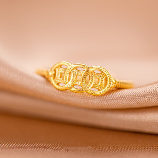 RSRDDY Lao Fengxiang 18k gold ring women's money string 999 copper coin ring ring live index finger ring gift 0.01g Lao Fengxiang same style money ring x live mouth