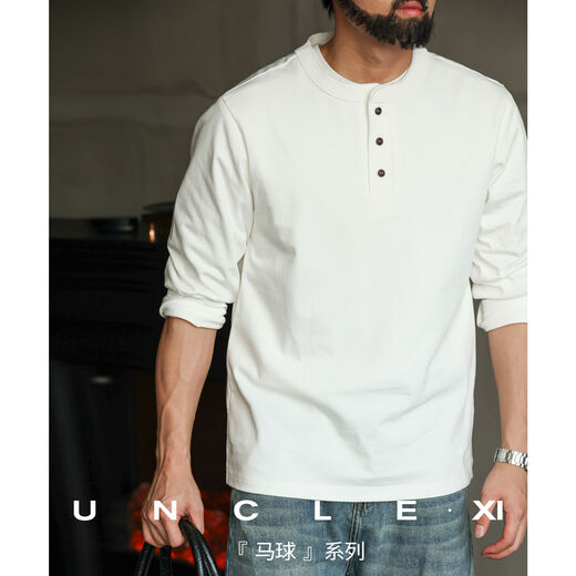 New CBD Elite Heavyweight 320g American Henley Collar Long Sleeve T-Shirt Men's Breasted Spring and Autumn Casual Bottoming Shirt White M M