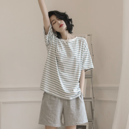 Hengyuanxiang 2025 new pajamas for women summer pure cotton short-sleeved two-piece set summer striped home clothes can be worn outside mom YZ9848 black striped M women's model recommended 80-100Jin Jin equals 0.5 kg