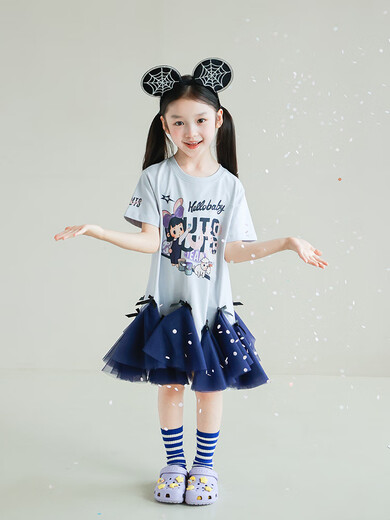 UTOUTOutouto Big Ear Elephant Girls Printed T-shirt Spliced Mesh Skirt 2025 Summer New Children's T-Skirt Deep Tibetan Blue Pre-sale Second Batch Around Mid-early May cm6 150