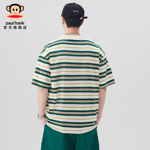 Big Mouth Monkey (Paul Frank) American heavy striped contrasting color short-sleeved T-shirt for men's summer thin retro loose round neck base clothes men's clothing Green 698D [official authentic] XL [recommended 140-155 Jin [Jin equals 0.5 kg]]