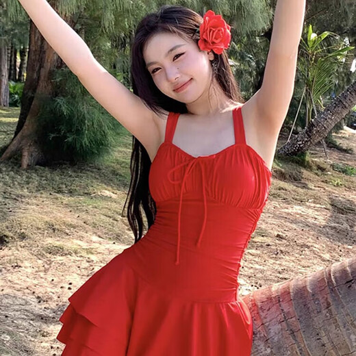 麓格立纯欲泳衣女泡温泉成人女士游泳衣连体红色性感泳装沙滩高级小众 红色泳衣送头花均码 【80-120斤】