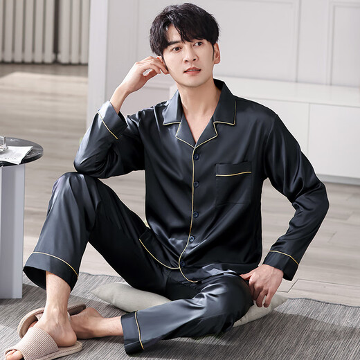 Le pyjamas de style Victoria Men's Ice Silk Spring and Summer Minure à manches longues fraîches peut être portée à l'extérieur pour l'âge moyen et l'imitation de la soie de la soie