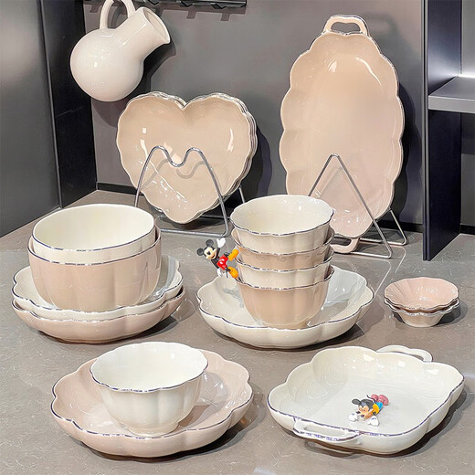 Songjia Underglaze colored bol maison Nouveau bols d'assiette en céramique bols et baguettes combinaison ménage de créneaux de ménage bols de vaisselle et assiette à l'or 4 à 6 personnes Boîte cadeau alimentaire 1355