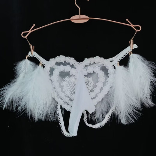 Open crotch lace men's pure desire sexy modified JJ set underwear feather decoration embroidered breathable open file thong white JJ set open style 100-140Jin Jin equals 0.5 kg