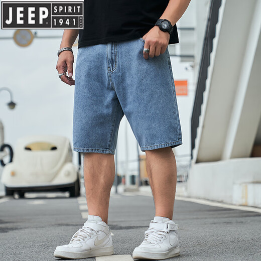 JEEP SPIRIT吉普大码男装肥佬牛仔五分裤宽松胖子中裤夏季休闲加肥加大短裤男 【弹力款】蓝灰MZ1389 50 【310斤左右】
