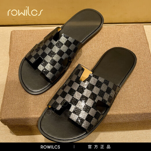 rowilcs品牌新款男士牛皮拖鞋夏季外穿软底大码休闲室外一字凉拖时尚舒适 黑色 38