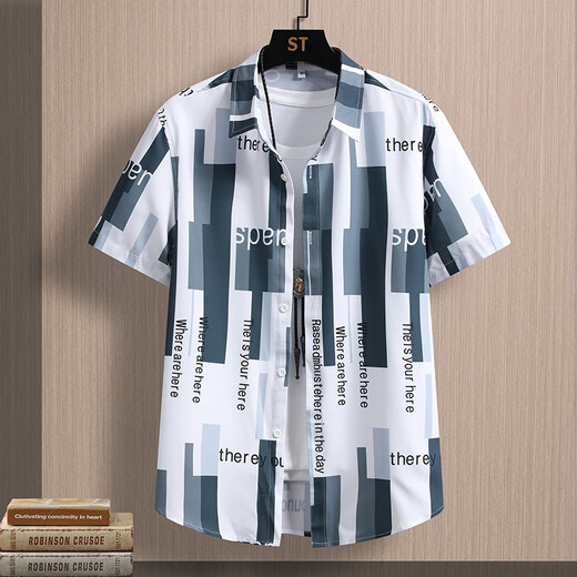 南极人（Nanjiren）夏季新品冰丝短袖衬衫男韩版时尚花衬衣百搭外穿 JT7027蓝色 M 90-109斤