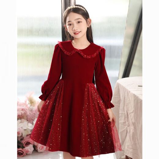Disney Girls Dress Velvet Children's Skirt Red Princess Dress Host Performance Clothes Autumn and Winter Long Sleeve Plus Velvet Red Regular 130