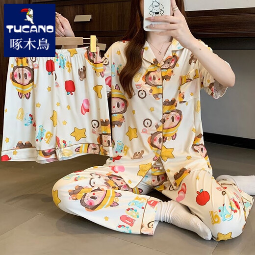 啄木鸟夏季新款三件套睡衣女短袖纯棉韩版开衫可爱卡通小狗网红风家居服 #FS-三件套14137 M 【75-95斤】