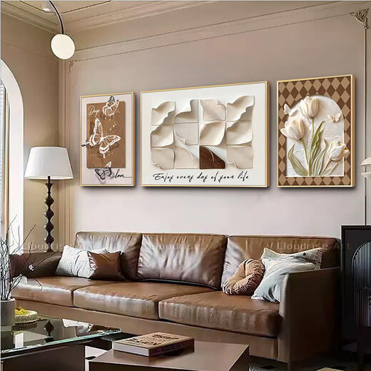 Meiyouchun living room decorative painting modern simple high-end atmospheric flower sofa background hanging painting light luxury French triple mural JD21789 records beauty (hot selling model) left and right 30*40 middle 60*40 versatile black frame textured canvas + ps border