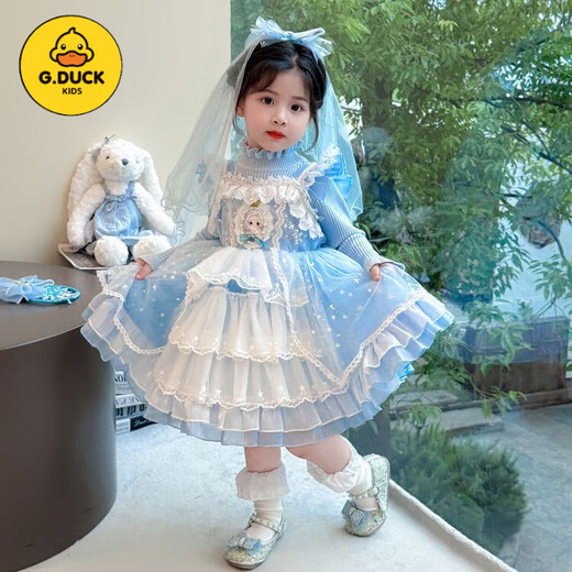 G.duck Girls Dress Set Autumn 2025 New Style Children's Lace Elsa Lolita Baby Girl Princess Dress Blue Skirt 90