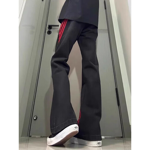 Katuchi red and black contrast stitching bootcut jeans for men in autumn and winter trendy high street design American workwear straight long pants black regular XL
