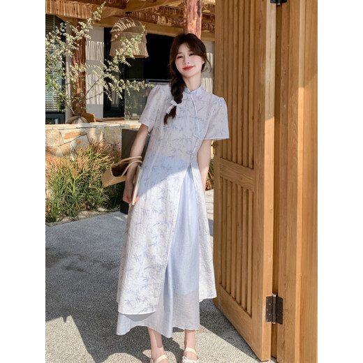 Yi Qilei [1105 Personen sammeln] Hellblau National Style Printed Dress Anzug für Sommer Frauen 2025 Neue Chinesische Version VISERUNG ZWEI SET M empfohlen, 91-105jin zu tragen [Jin ist 0,5 kg]