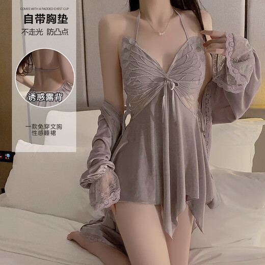 GUI Ruo Marke Unterwäsche Leichte Luxus -Velvet -Schmetterling und Brustpolster Rückenless Halthändler Nachthemd 3879 Schwarz (äußerer Robe + Gürtel, alle Größe