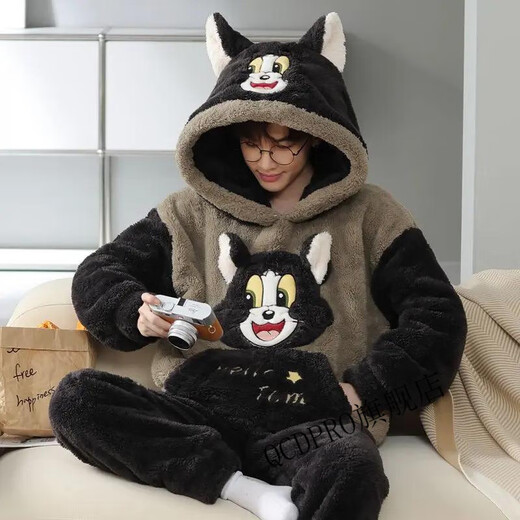 
QCDPRO Zuosu Clothing Store Coral Pajamas Winter Men's Fall and Winter Thickened Flannel Warm Cartoon Home Clothing Set 9901* Hooded Set M Small [80-90Jin [Jin equals 0.5 kg]]