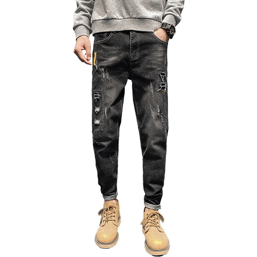 AEXMERE Men's Ripped Jeans Summer Brand Trendy Brand Slim Feet 2025 Nouveau été 6636 Black 31