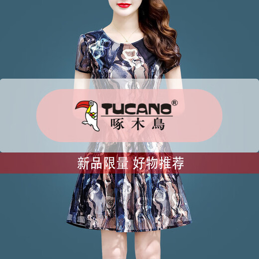 啄木鸟冰丝连衣裙2025新款高档女装气质减龄短袖中年妈妈夏季裙子女夏 冰丝9905裙 M 100斤内