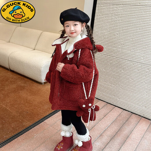 G.DUCKKIDS Mädchen-Lammwolljacke Herbst und Winter 2024, neuer Baby-Stil, plus samtverdickter Kinderpelzmantel, Winter, Angorarot, inklusive Tasche, 110 cm