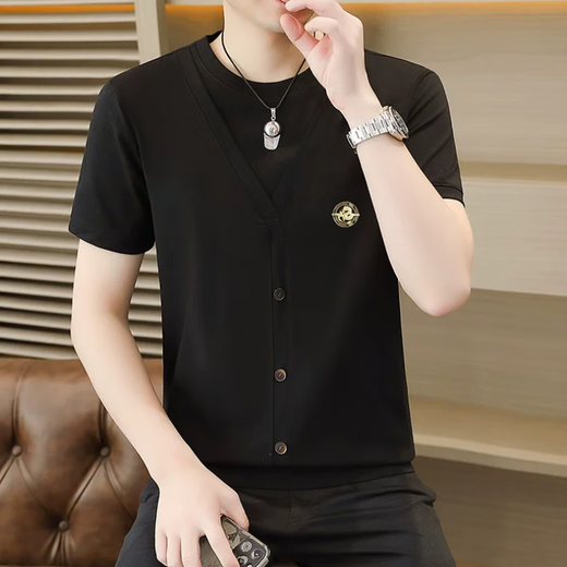 
Woodpecker (TUCANO) summer ice silk knitted fake two-piece short-sleeved T-shirt men's Korean style slim and cool and thin half-sleeved T-shirt top 6625 black M (90-110Jin [Jin equals 0.5 kg])