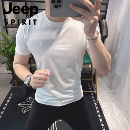 Jeep Spirit European Station Sommer Herren Kurzarm T-Shirt 2025 Neu personalisierte einfache trendige Marke Mode Stickerei Stickelte Körperhemd von weißem BG6624 m (90-105jin [Jin gleich 0,5 kg]))