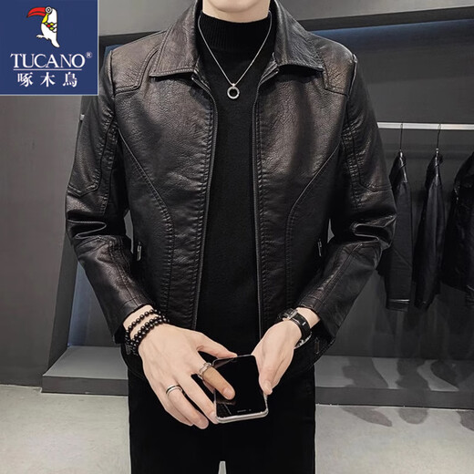 Woodpecker leather jacket for men 2025 new handsome black lapel motorcycle jacket casual leather jacket spring and autumn style black XL recommended weight 125-140Jin Jin equals 0.5 kg