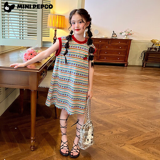 Little Pig Banner Girls Summer Stripe Vestible retro Falda nueva Baby Children's All-Match Vestido de camiseta de flores sueltas Falda de flores 160 Altura recomendada 150-160 cm