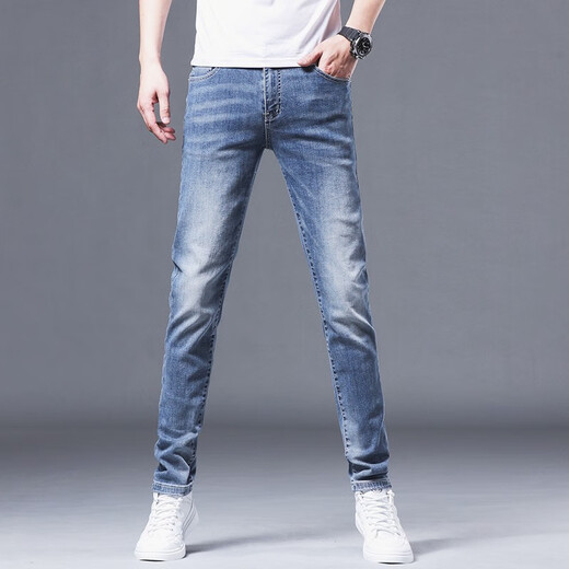 2025 Summer delgado jeans azul claro para hombres delgados pies delgados de alta gama Versátiles de pantalones largos casuales 1048 pies azules claros delgados 28 cintura 2 pies 1 1