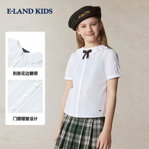 E LAND KIDS 100% cotton children's clothing girls' shirt spring and summer new pleated lapel short-sleeved Ivory ivory/39 130