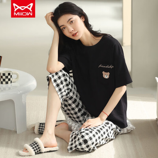 猫人（MiiOW）纯棉睡衣女夏短袖宽松型睡衣短裤韩版七分裤休闲家居服女套装 N64 T-9848（套装短裤） M （85-105斤）